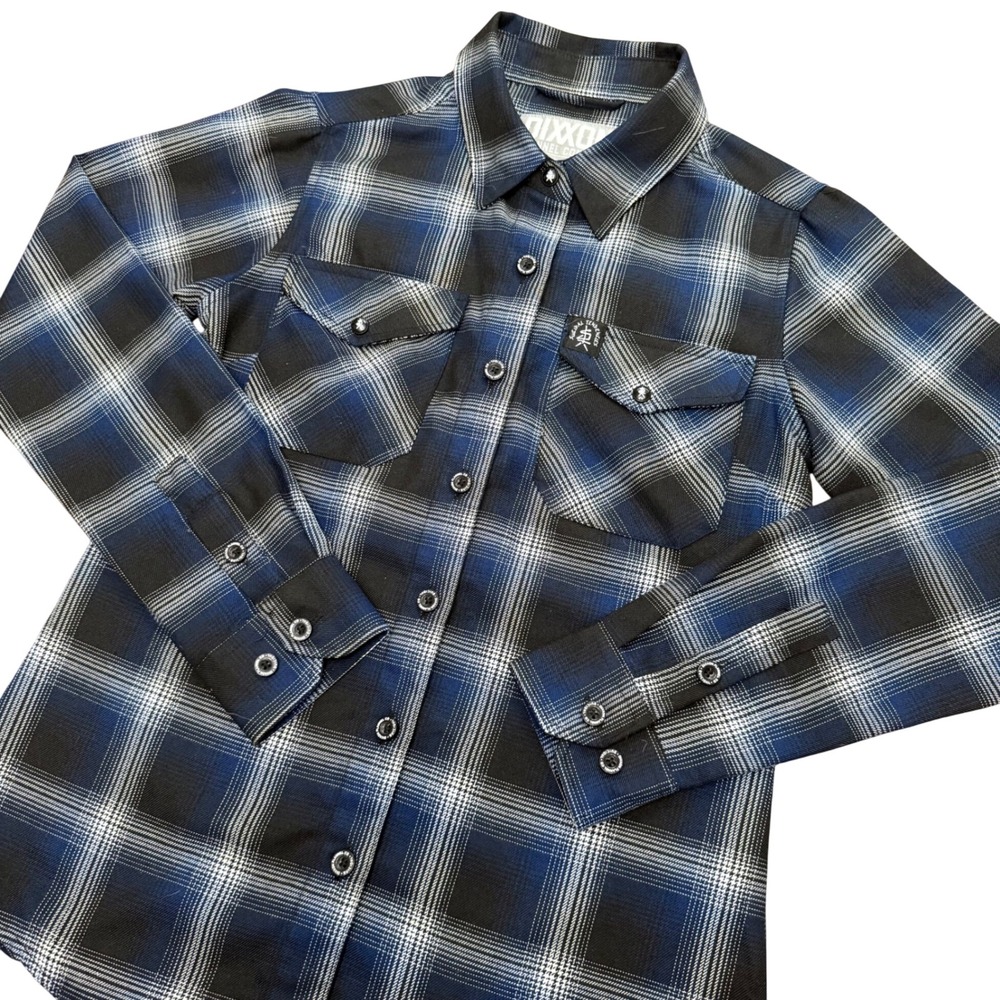 Dixxon Flannel Suicidal Tendencies Women S Blue Black Plaid Button Down Shirt